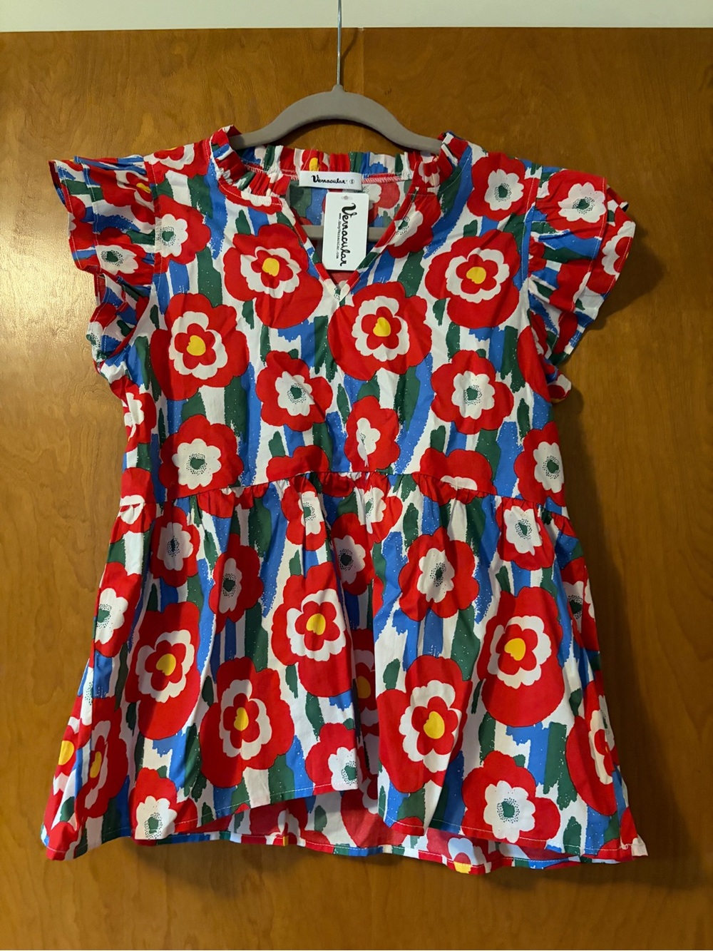 Vernacular Red Floral Ruffle-Sleeve Blouse